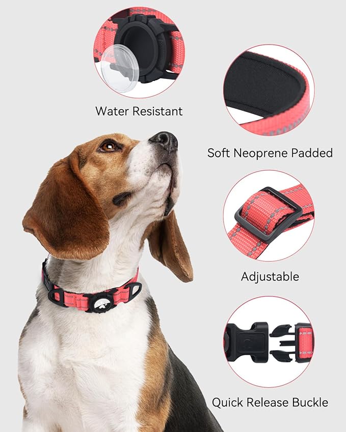 Joytale Airtag Dog Collar, Reflective Pet Collar with Waterproof AirTag Holder, Dual D-Rings, Soft Padded Adjustable for Extra Small and Puppy Dogs, Neon Pink, XS