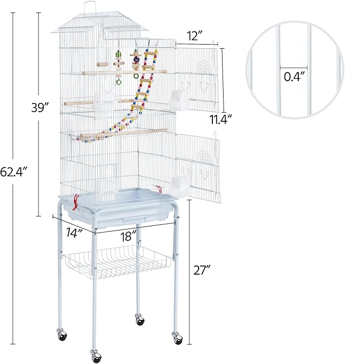 Yaheetech 62.5-inch Roof Top Flight Bird Cage for Parakeets Cockatiels Conures Finches Lovebirds Canaries Budgies Small Parrots, Large Birdcage with Detachable Rolling Stand, White