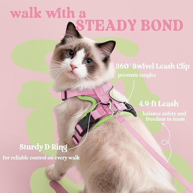 rabbitgoo Cat Harness and Leash for Walking, Escape Proof Soft Adjustable Vest Harnesses for Cats, Easy Control Breathable Reflective Strips Jacket, Pink&Light Green, XS