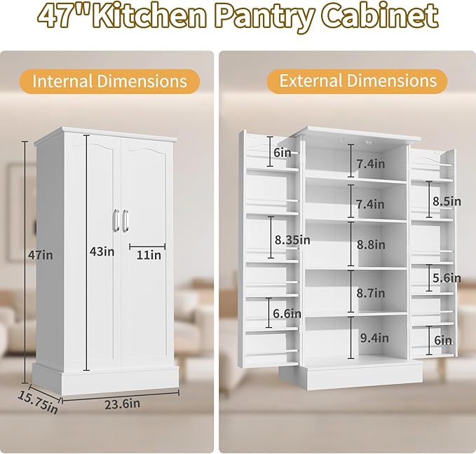 47" Dog Food Storage Cabinet with Doors and Adjustable Shelves, Freestanding Pet Storage Container Organizer for Living Room and Dinning Room, White