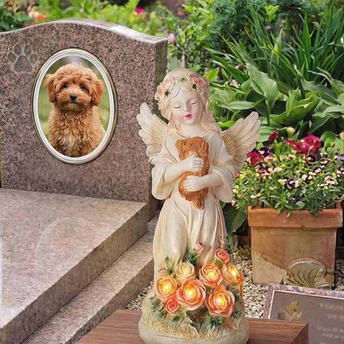 Chunful Solar Angel Dog Memorial Statue 10" Resin Pet Memorial Gift for Loss of Dog, Waterproof Outdoor Garden Cemetery Decor, LED Night Light Sympathy Gift for Women Mom Grandma