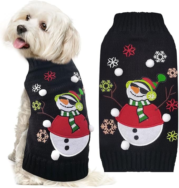 Christmas Dog Sweaters Xmas Pet Outfit Clothes Cute Black Snowman Costume Puppy Cat Knitted Jumpers (L,Black Snowman)