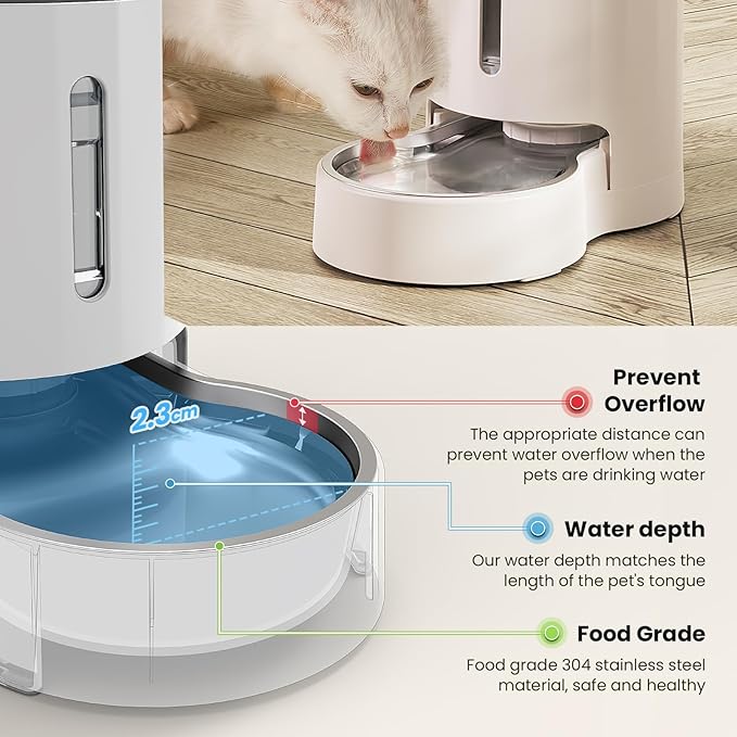 CZPET Automatic 4L Filter Dog and Cat Water Dispenser with Stainless Steel Bowl Gravity Waterer,Large Capacity and Drinking Area Noise-Free for Pets(White)