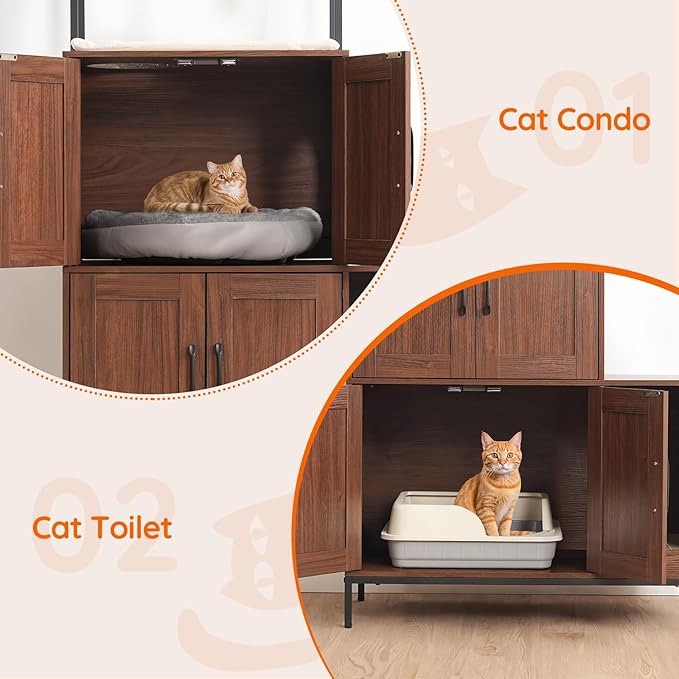 HOOBRO Litter Box Enclosure, Litter Box Furniture with Storage, 2-in-1 Hidden Cat Furniture with Shelf, 2 Dangling Plush Balls and 1 Toy Ball, Large Wooden Cat Washroom, Walnut WL78MW01