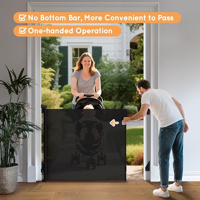 Retractable Baby Gate for Stairs, 71" Wide Mesh Pet Gate, Automatic Tension, One-Hand Operation, 38" Tall Baby Gates for Doorways, Hallways, Deck, Indoor Outdoor, Safe, Easy to Fit, Black
