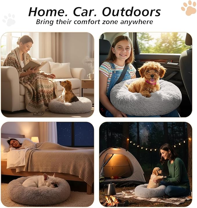 JOLLYVOGUE Calming Dog Bed Medium Size Dog, Anti-Anxiety Donut Medium Dog Bed, 31 inches Fluffy Faux Fur Cushion Bed for Dogs and Cats, Fits up to 45 lbs Pets (Smoke Grey)