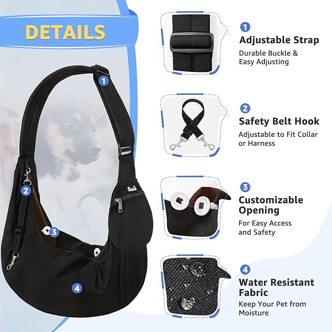 SlowTon Dog Carrier Sling - Thick Padded Shoulder Strap Adjustable Dog Carriers for Small Dogs, Puppy Carrier Purse for Pet Cat with Front Zipper Pocket Safety Belt Machine Washable (Black M)