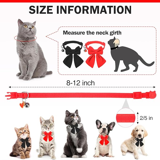 Cat Collar Breakaway with Bells, Soft Pure Cotton Bowtie Collar for Girl Boy Cats, 2 Pack Cute Personalized Small Kitten Collars with Bow for Weddings Parties, Red and Black, 8-12 Inch