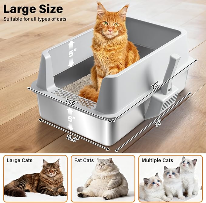 Stainless Steel Litter Box,XL Metal Cat Litter Box with Lid High Sides, Extra Large Litter Boxes for Big Cats,Odor-Resistant, Scratch-Proof, Easy to Clean, Non-Stick,Scoop Included
