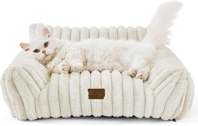 Bedsure ComfyFleece™ Cute Cat Couch for Pets - As Seen on TV on Good Day New York, Fuzzy Cats beds for Indoor Cats with Removable Washable Cover, Supportive Pet Sofa, 24inch, Cream