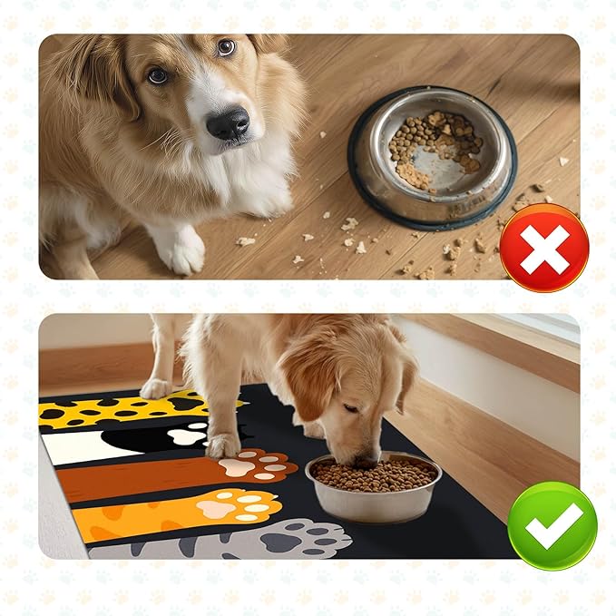 Cute Animal Paw Pet Food Mat Non Slip Spill Proof Feeding Pad for Cats Kittens Small Dogs Food and Water Bowl Mat Easy Clean Fast Dry Placemat for Pet Feeding Area Kitchen Decor 20" x 12"
