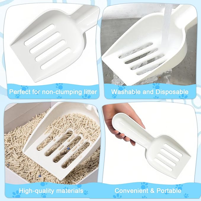 Bokon 6 Pack Disposable Cat Litter Scoop with Wide Slats Plastic Travel Kitty Poop Scooper for Cat Rescue Center Temporary Use When Traveling with Pets(White)