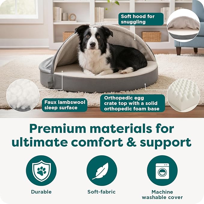 FurHaven Round Orthopedic Dog Bed for Medium Dogs, Egg Crate with a Solid Orthopedic Foam Base with Attached Blanket Hood and Removable Washable Cover, Medium, Sherpa & Suede Snuggery, Espresso