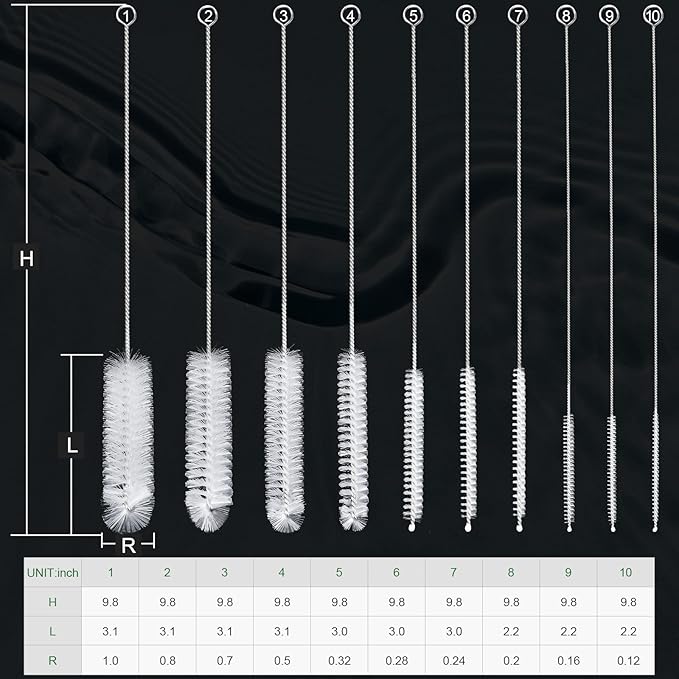 CiaraQ Bottle Cleaning Brushes, 9.8 Inch Nylon Tube Brush Set, Cleaner for Narrow Neck Bottles Cups with Hook, Set of 10pcs