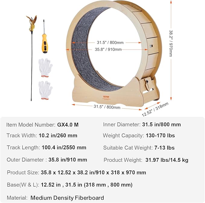 VEVOR Cat Exercise Wheel, Large Cat Treadmill Wheel for Indoor Cats, 35.8 inch Cat Running Wheel with Detachable Carpet and Cat Teaser for Running/Walking/Training, Suitable for Most Cats
