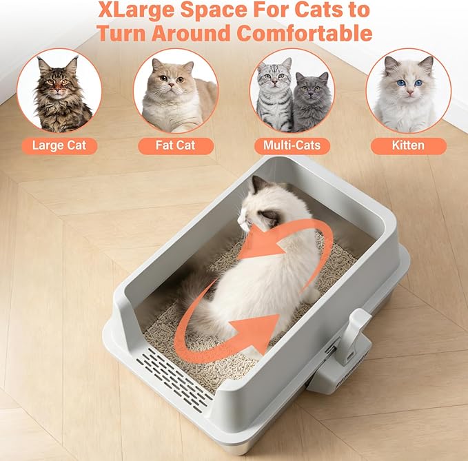 Stainless Steel Cat Litter Box with Lid, XL Metal Litter Box, Extra Large Litterbox for Big Cats, High Sided | Easy Cleaning | Odor-Free Includes Scoop and Mat