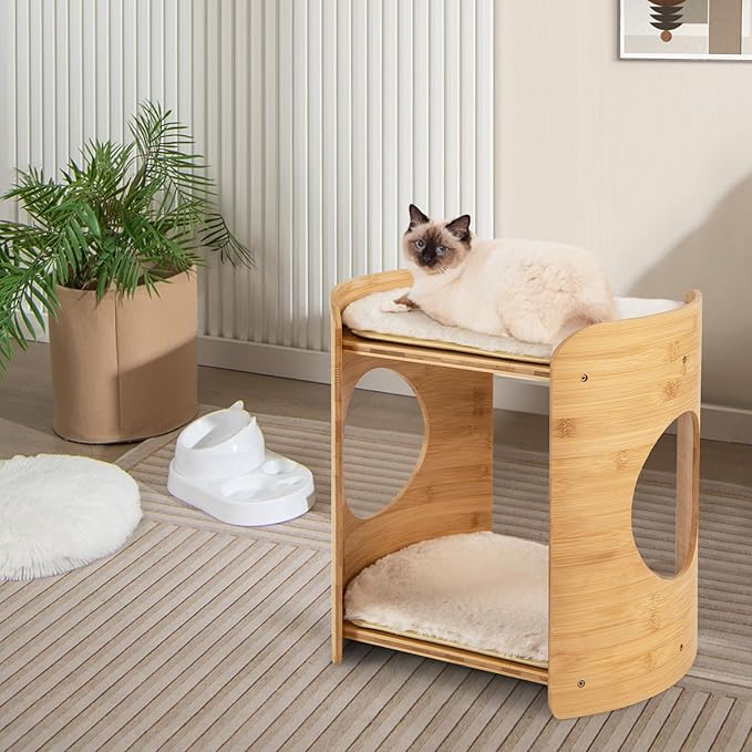 Tangkula Elevated Cat Bed for Indoor Cats, 2-Tier Cute Small Cat Tree Tower with Natural Bamboo Frame, Removable & Washable Soft Plush Mats, Cat Holes, Farmhouse Pet Furniture