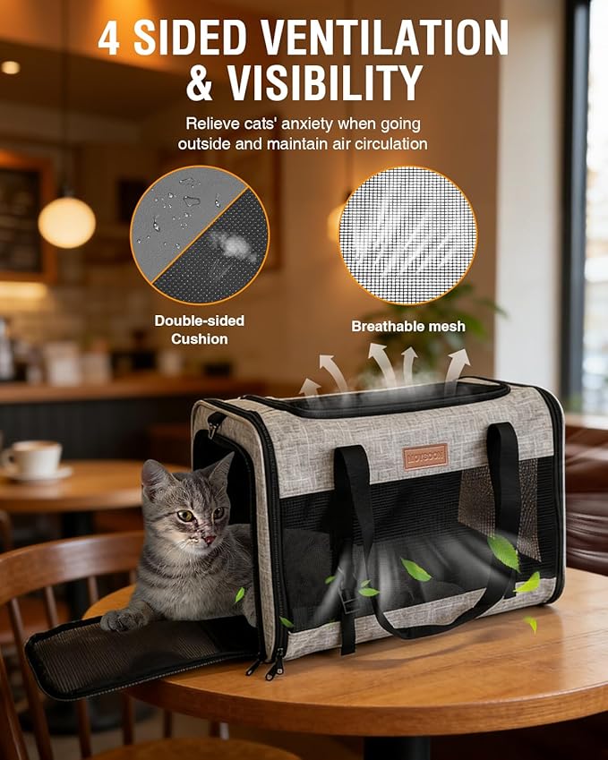PETUX Large Pet Carrier for Large Cats ＆ Small Dogs - Up to 20Lb, Top and Side Entry, 4 Side Breathable, Foldable Soft Cat Travel Carrier with Safety Car Seat Buckle and Anti-Scratch Mesh - Grey