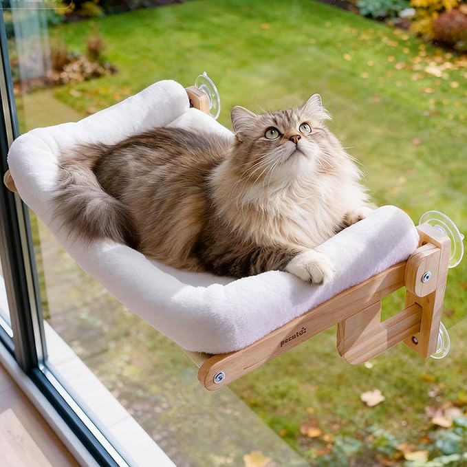 Pecute Foldable Cat Window Perch, Cloud-Soft Cat Bed with Solid Wood Frame, Strong Suction Cup, Washable Cushion, Stable Large Cats Hammock with Sided Bolster, Cats Perch Indoor for Sunbathing, White