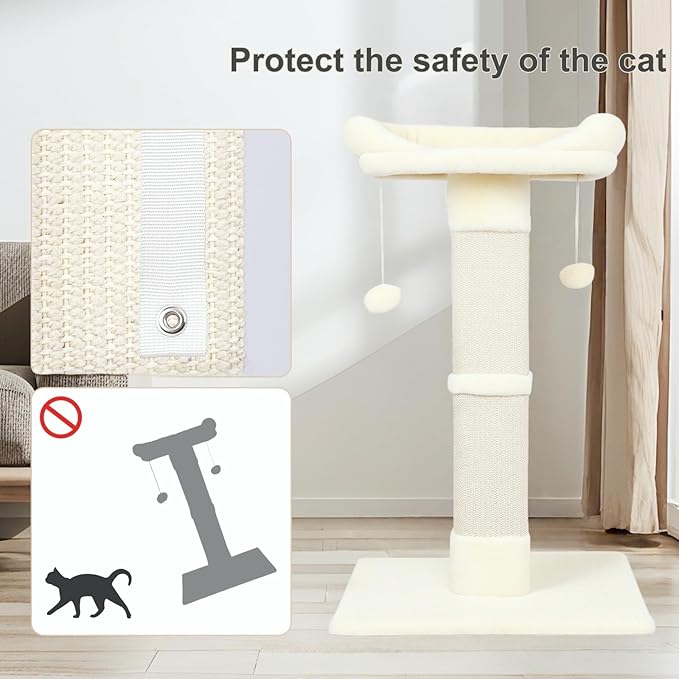 34" Cat Scratching Post for Indoor Cats, Sisal Cat Scratcher with Large Plush Perch, Vertical Posts with Elevated Bed and with Two Dangling Balls, Removable & Washable Cover, Beige White