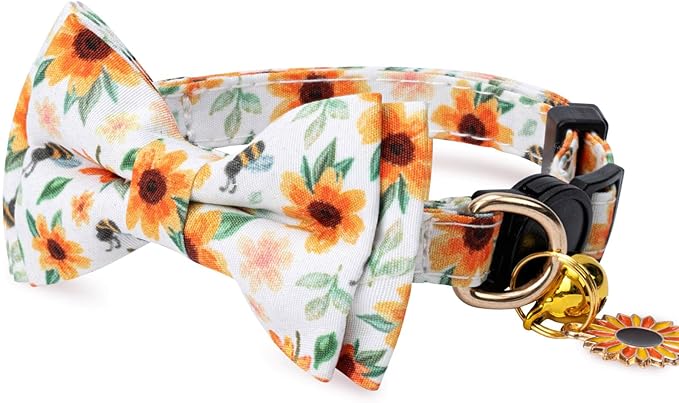 2 Pack Cotton Cat Collar with Bow Tie and Bell for Girl Boy Cats,Cute Pink Flamingo and Blue Whale Pattern Spring Summer Breakaway Cat Collar for Male Female Cats (Flower&Sunflower)