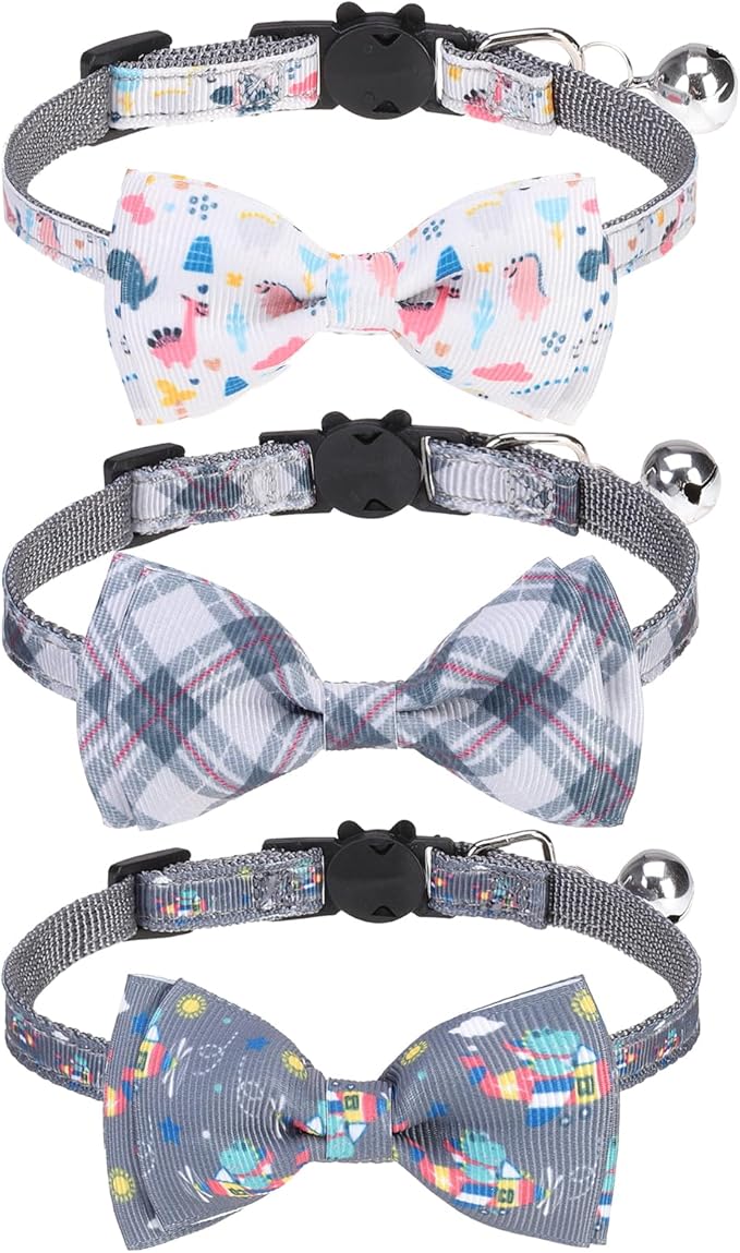 Breakaway Cat Collar with Removable Bow Tie and Bell, Cute Multi-Style Patterns, 3 Pack Safety Buckle Kitten Collars, Adjustable Pet Collar for Boy Cats Puppy (Gray)