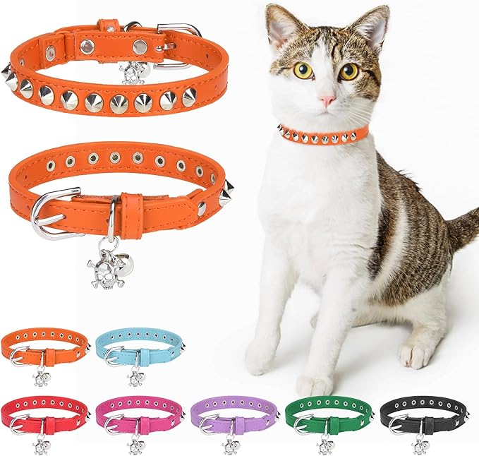 Leather Cat Collars for Boy Girl Cats with Bell and Safety Elastic Belt, Personalized Rivets Stud Adjustable Safe Buckle Collar with Skull Charm for Kitty Small Pets, Halloween Cat Collar