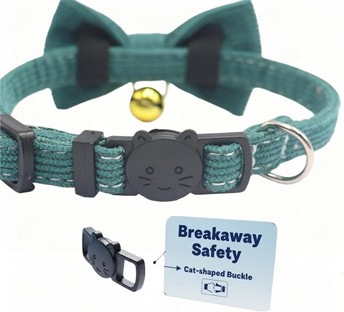 THAIN Cat Collar with Bow Tie and Bell, Breakaway Adjustable Cute Soft Corduroy Kitten Collars Safety Buckle for boy Cats (Solid Dark Green)