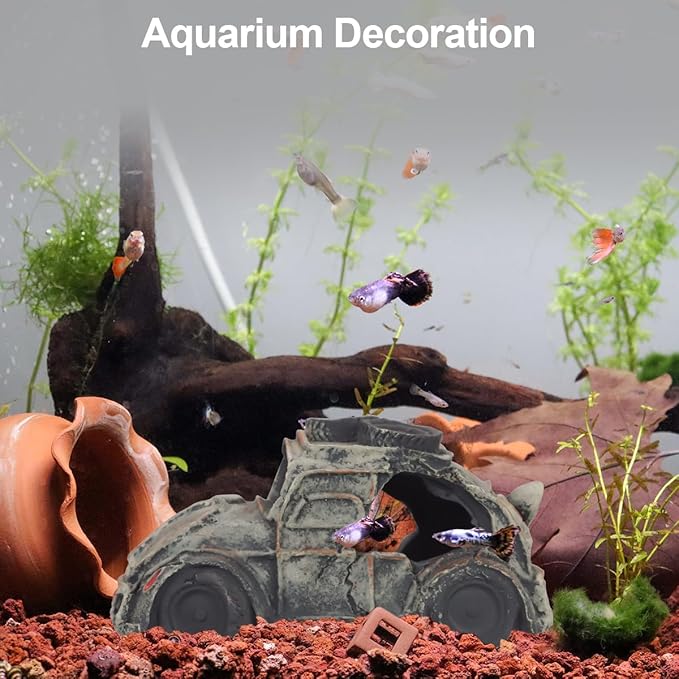 Aquarium Decorations for Fish Tank - Realistic Resin Rock Cave Hideouts, Safe Fish Tank Ornaments with Natural Design for Betta, Goldfish, Shrimp - Easy to Clean (Resin car)