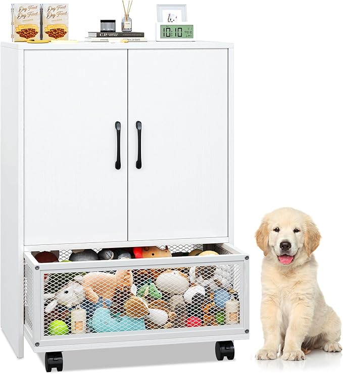 TC-HOMENY Pet Wardrobe Closet with Drawer, Wooden Pet Storage Cabinet with Wheels and Hanging Rods, Dog Closet with Clothes Hanger, Pet Toys Basket, Dog Organization and Storage, Small Wardrobe Closet