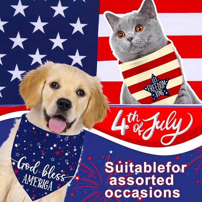 4th of July Dog Bandanas, Patriotic Party Pet Decorations 2 Pack, Adjustable Independence Day Holiday Bandana American Flag Triangle Bibs Cat Scarf Set