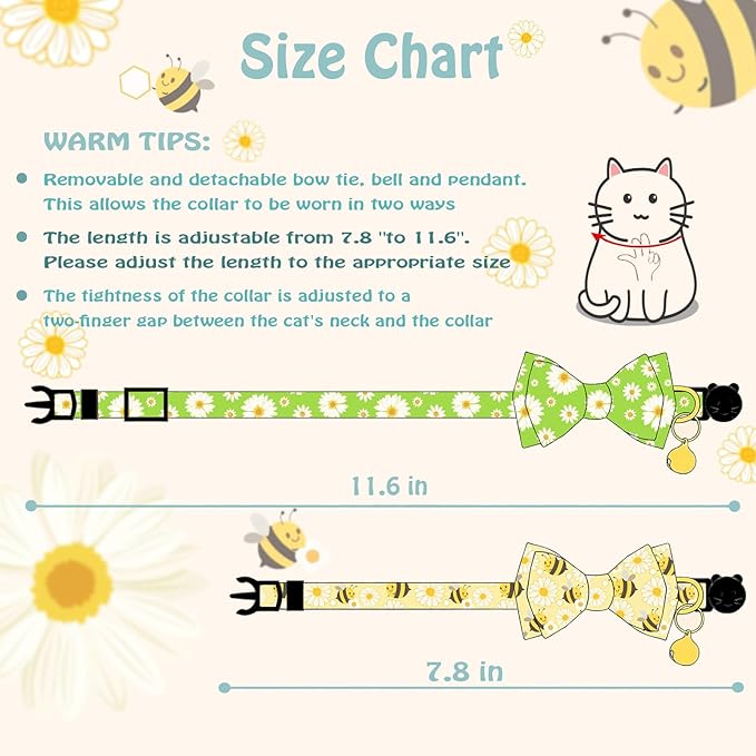 Breakaway Cat Collar with Cute Bow Tie Bell 2Pack Daisy Bee Pattern for Male Female Soft Cotton Kitty Kitten Cute Summer Spring Collar Ideal for Girl Boy Male Cats