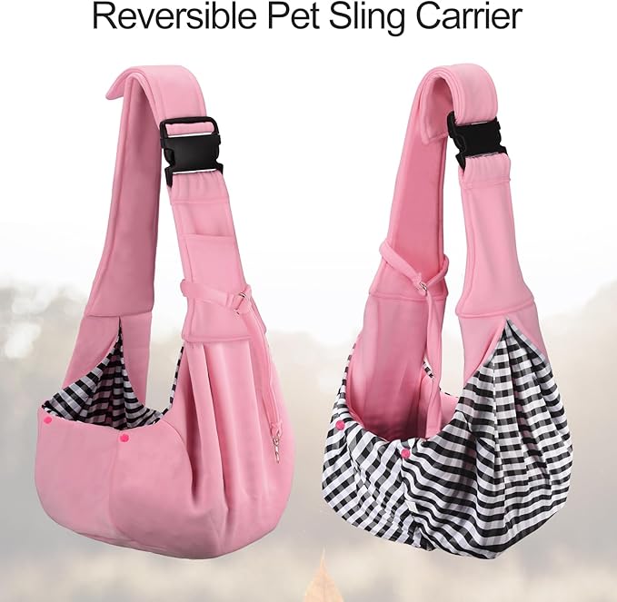 PETLOFT Reversible Dog Cat Sling Carrier, Small Dog Carrier, Adjustable Dog Sling, Hands Free Cross Body Carrier with Collar Hook for Dog/Cat/Bunny up to 11lb (Light Pink)