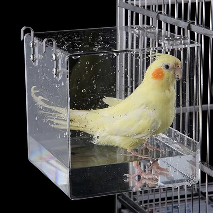 Hanging Cube Bird Bath Cage, Transparent Bird Bathtub Bath Shower with Stainless Steel Hooks for Small Bird Canary Parakeet Budgerigar Parrots Crested Myna Cockatiel Lovebird (Large)