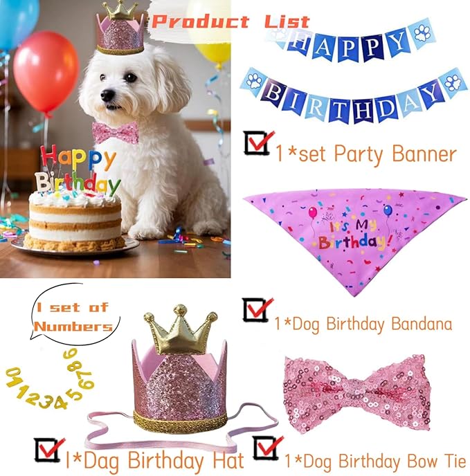 Happy Birthday Dog Party Supplies Kit - Dog Party Hat, Bandana, Bowtie & Happy Birthday Banner Decorations for Small Dogs, Puppy Birthday Outfit Accessories & Pet Birthday Party Decor (Pink 2)