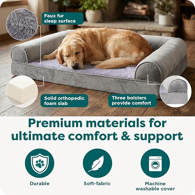 Furhaven Orthopedic Dog Bed for Large Dogs w/ Removable Bolsters & Washable Cover, For Dogs Up to 125 lbs - Faux Fur & Velvet Sofa - Smoke Gray, Jumbo Plus/XXL