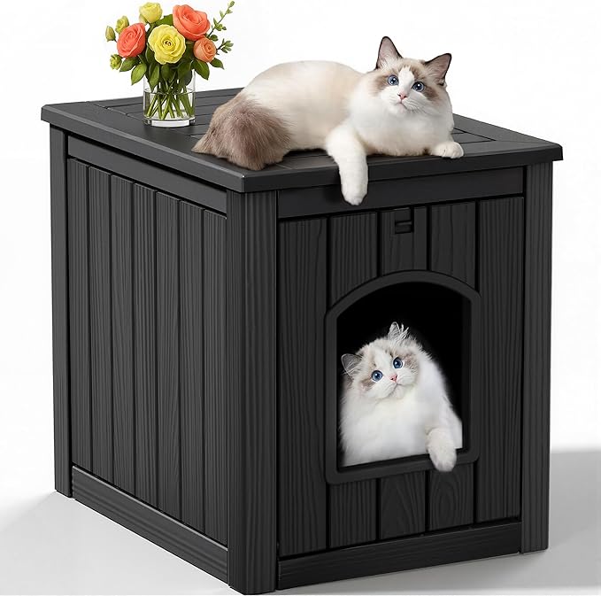 Cat Litter Box Enclosure, Multi-Functional Hidden Cat Litter Box Furniture & Indoor Outdoor Cat House with Side Table Design, Openable Front Door & Raised Floor, Easy to Clean & Assemble, Black