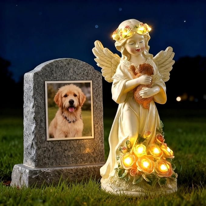 Chunful Solar Angel Dog Memorial Statue 10" Resin Pet Memorial Gift for Loss of Dog, Waterproof Outdoor Garden Cemetery Decor, LED Night Light Sympathy Gift for Women Mom Grandma