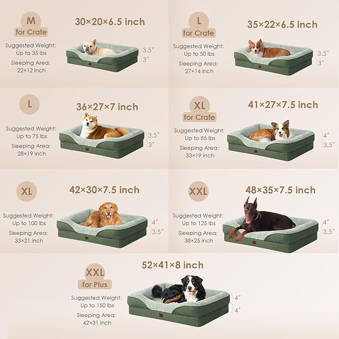 EHEYCIGA Orthopedic XXL Dog Bed for Large Sized Dog, 52x41x8 Inch Extra Large Memory Foam Dog Couch Bed with Sides, Waterproof Liner & Washable Removable Cover, Bolster Pet Sofa, Green
