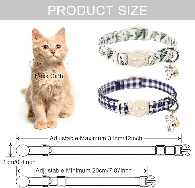 ARING PET 2 Pack Cat Collar-Cute Cotton Cat Collar with Bell & Pendant, Adjustable Dinosaur Kitten Collars with Safety Buckle for Girl and Boy Pets