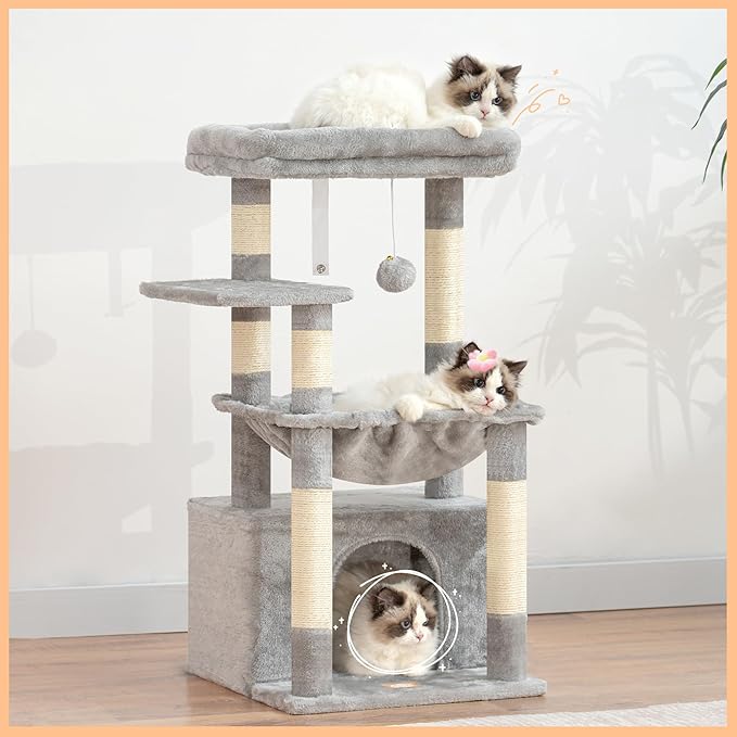 Heybly Cat Tree, Kitten Tower with Large Soft Cat Basket, Cat Condo with Spacious Cat Bed Cave with Hidden Space, Sisal-Covered Scratching Posts, Dangling Ball for Indoor Cats, Light Gray HCT008SW