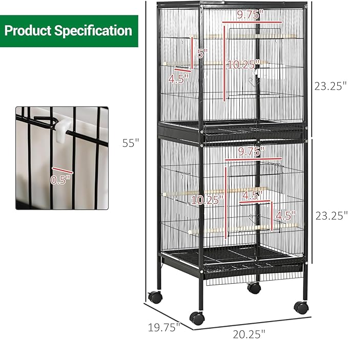 GarveeHome Small Bird Cage with Wheels, Parakeet Cage, Bird Carrier for Parakeets, Canaries, Lovebirds, Small Quaker, Cockatiels, Budgie, Green Cheek (55in)
