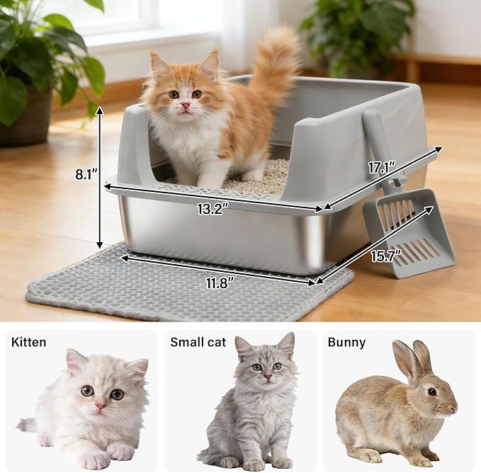 Stainless Steel Litter Box with Lid,Open Top Low Entry Litter Box, Metal Kitty Litter Box for Medium/Small Cats,Odor Control,Anti-Leakage, Non-Sticky, Includes Mat&Scoop,17.5x13.6x8in,