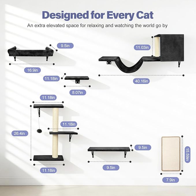 Cat Wall Shelves, Stable & Safe 6 in 1 Cat Furniture Set Black, for Cats to Climb, Hide, Lounge, and Scratch