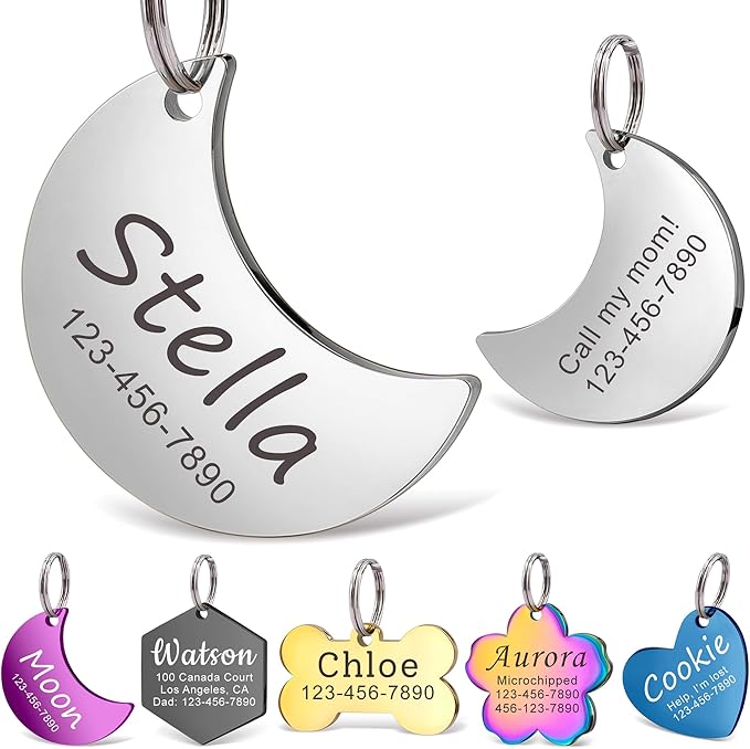 Anavia Personalized Pet ID Tags, Stainless Steel Glossy Laser Engraved Dog Cat Collar Name Tags, Multiple Colors Shapes Sizes (Moon, Small)