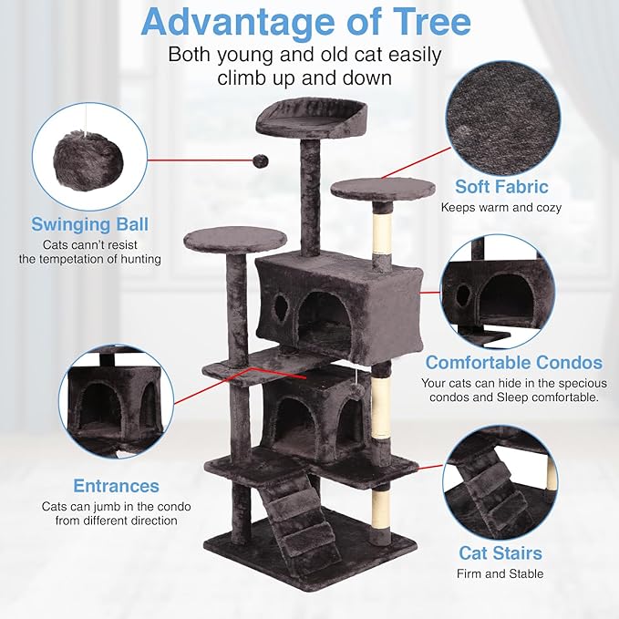 FDW | 54" Cat Tree Tower | Purple Gray | Multi-Level Indoor Activity Center with Sisal Scratching Posts, Condos, Plush Perches, Hanging Cat Toys | Sturdy, Easy to Assemble | for Kittens & Adult Cats