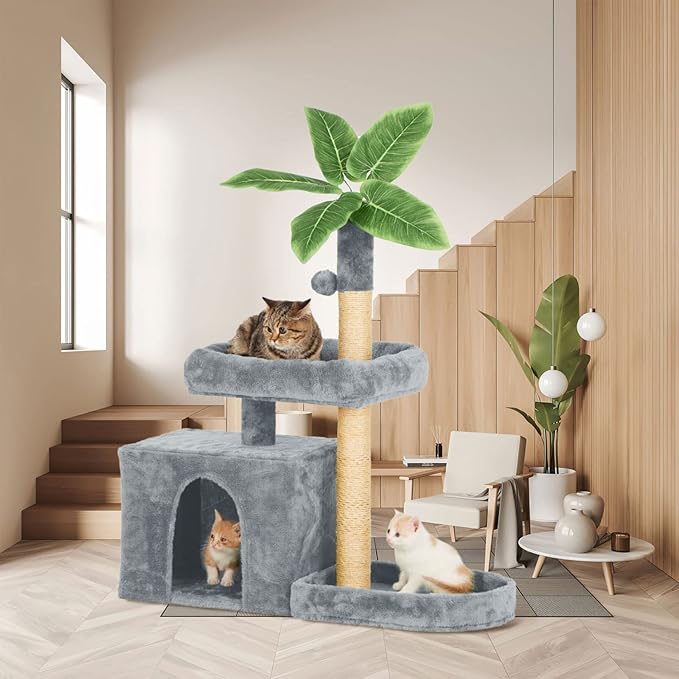 31.5in Multi-Level Cat Tower with Sisal Scratching Posts, Hidden Cave & Perch Platform, Large Cat Condo for 1-3 Cats, Eco-Friendly Pet Furniture with Realistic Leaves, Grey