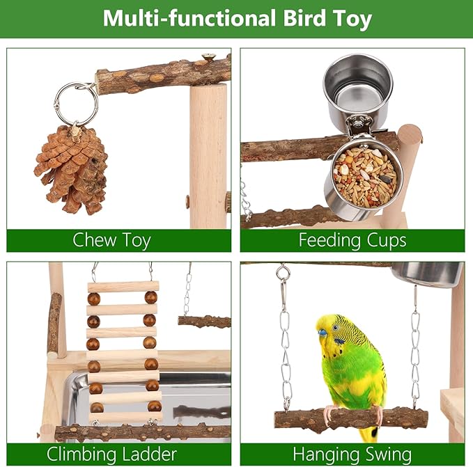 Wontee Bird Playground Wooden Bird Perch Stand Ladder Swing with Removable Tray & Feeding Cups for Budgies Parakeets Caique Senegal Cockatiels Conures