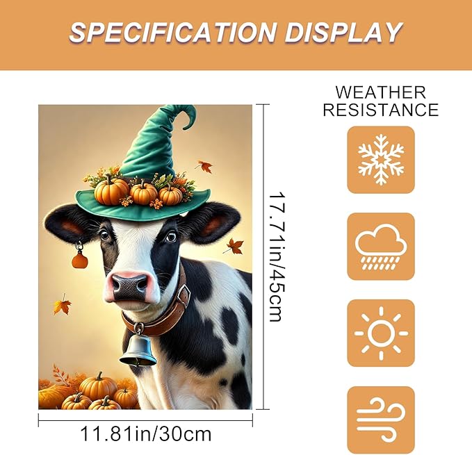 Happy Fall Garden Flag Halloween Flag Cute Cow Calf 12x18 Inch Witch Hat Pumpkins Autumn Leaves Festive Double Sided Outdoor Banner For Front Yard Porch Lawn Patio Seasonal Home Decor