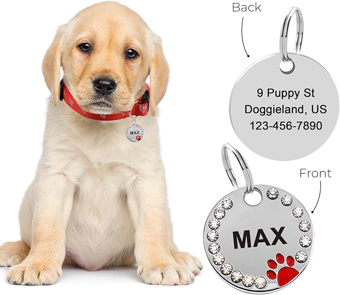 Paw Shape Dog ID Tag Stainless Steel Custom Laser Engraved, Cute Bling Glitter Pet Name Tags Personalized with Durable Engraving (Silver Round Crystals Paw)